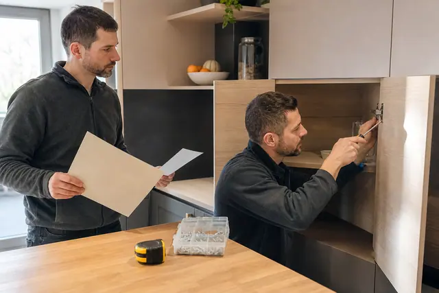 Intervenant fixant une charnière de cuisine devant un propriétaire avec dossier de documents.