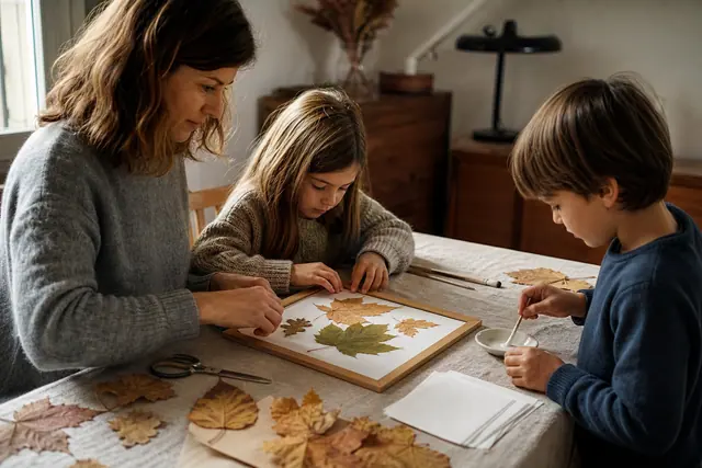 Enfants et adulte composant un cadre avec des feuilles d’automne pressées.