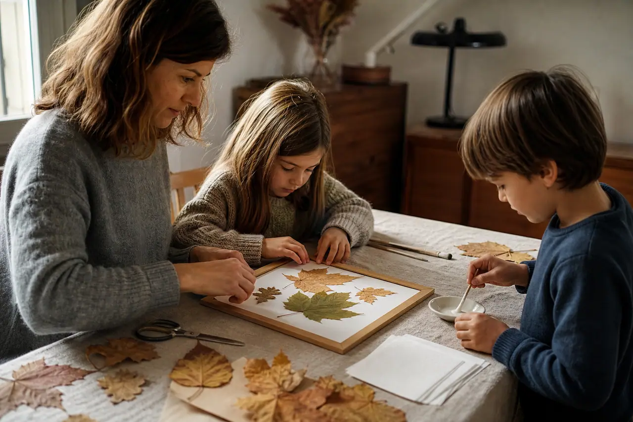 Enfants et adulte composant un cadre avec des feuilles d’automne pressées.