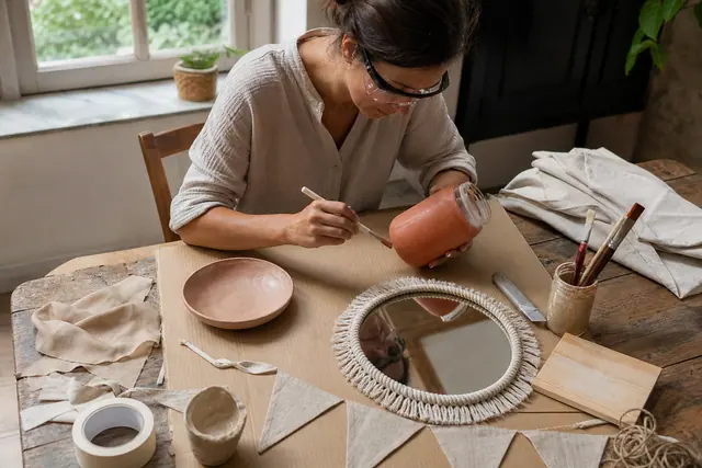 Bocaux peints, miroir en corde et bannière textile sur une table d’atelier.