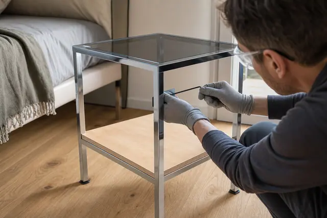 Table de chevet en métal chromé assemblée sur parquet avec plateau fumé.