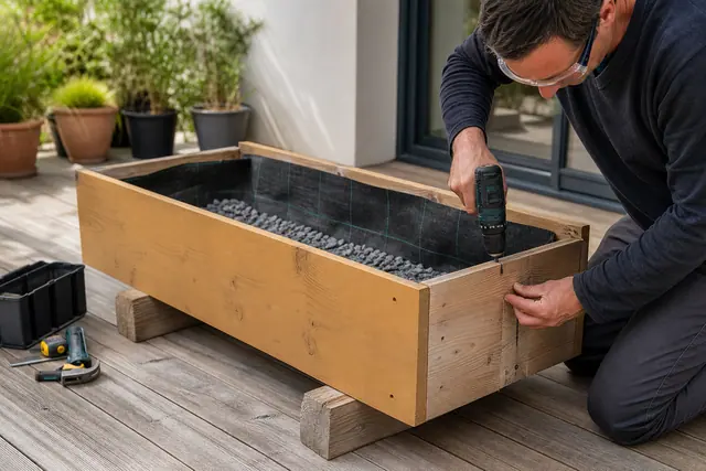 Montage d’une jardinière en bois recyclé avec géotextile et couche drainante.