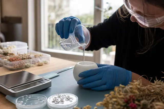 Coulée de résine transparente dans un moule sphérique avec protections adaptées.