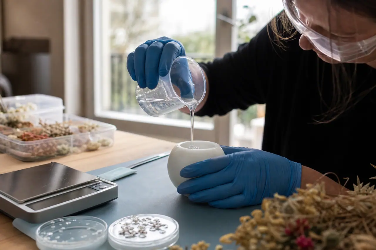 Coulée de résine transparente dans un moule sphérique avec protections adaptées.