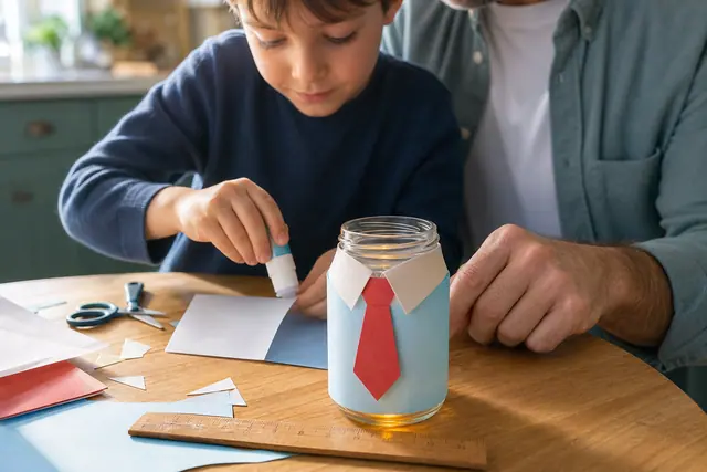 Enfant décorant un bocal photophore en papier chemise avec un adulte