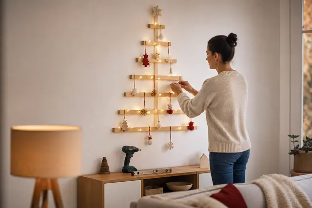 Sapin mural en tasseaux décoré de guirlande LED dans un salon lumineux.