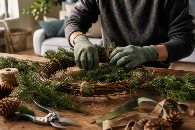 Couronne végétale assemblée avec ficelle et pommes de pin sur table en bois.