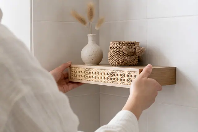Petite étagère en bois et rotin fixée sans perçage sur carrelage lisse.