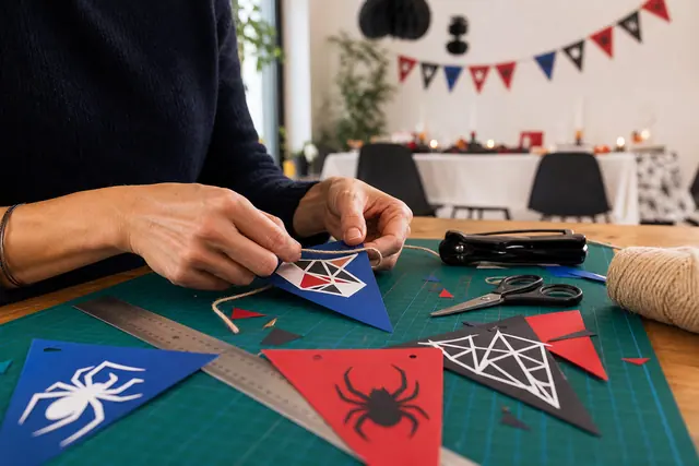 Guirlande rouge bleue et noire assemblée sur une table de loisirs créatifs.