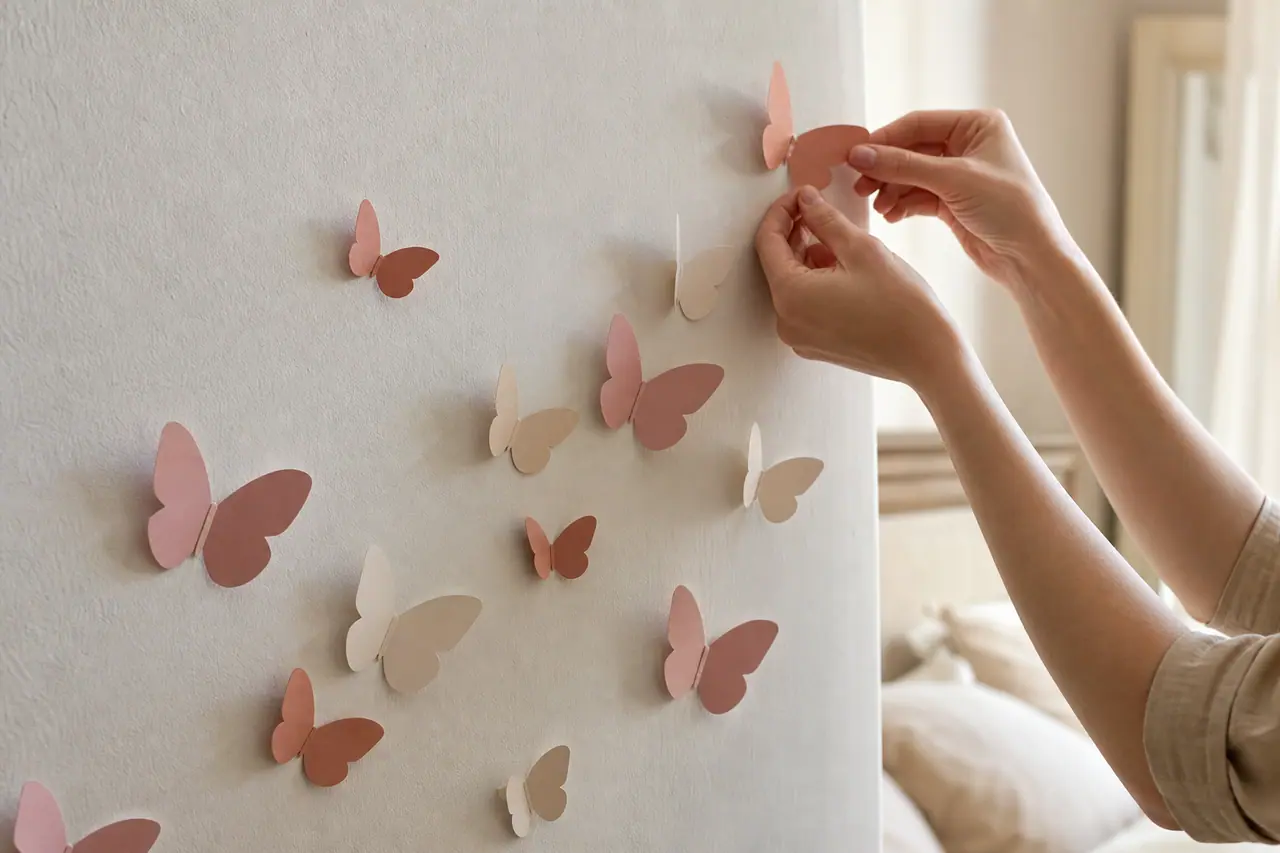 Envolée de papillons en papier coloré en relief sur mur de chambre.