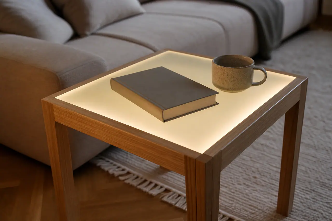 Table d’appoint en bois avec plateau en verre dépoli éclairé par LED.