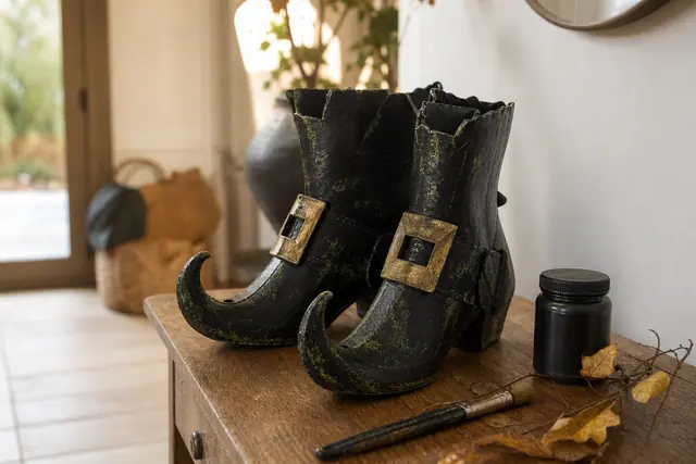 Paire de bottines de sorcière en carton peint posée sur une console.