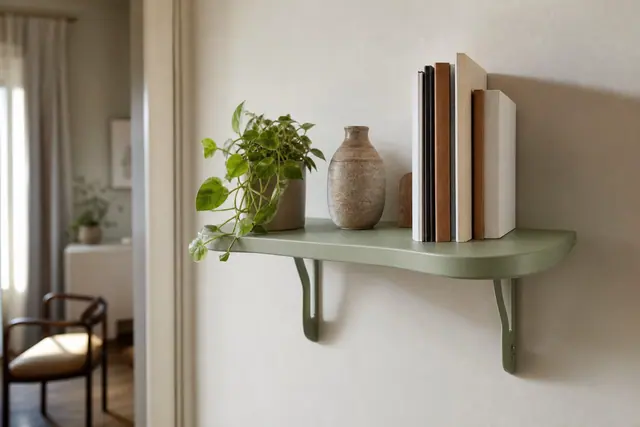 Étagère organique vert sauge fixée au mur avec livres et vase.