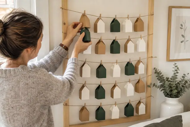 Calendrier mural en carton composé de petites maisons suspendues sur un cadre en bois.