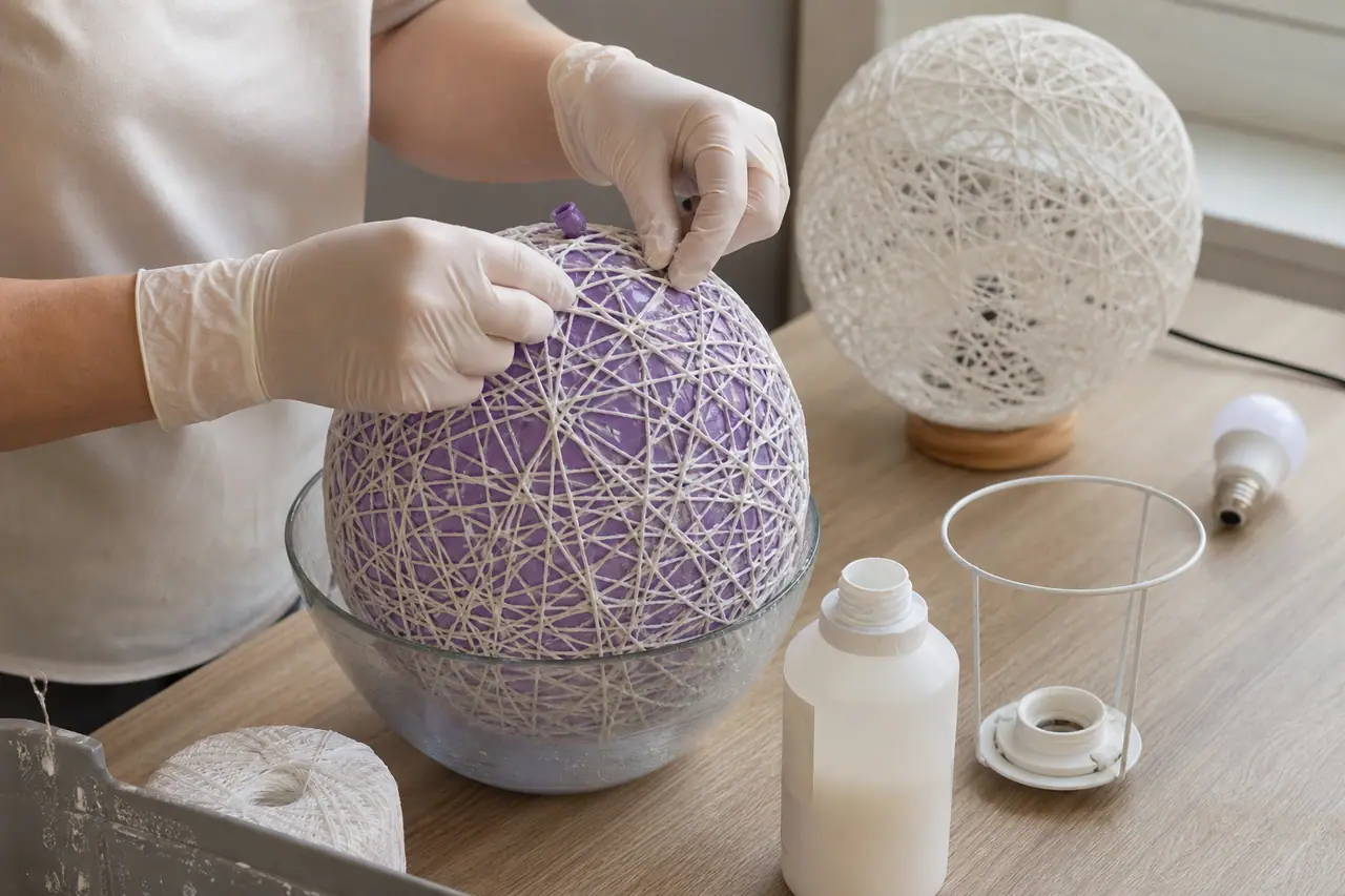 Globe en ficelle de coton moulé sur ballon avec douille LED E27.