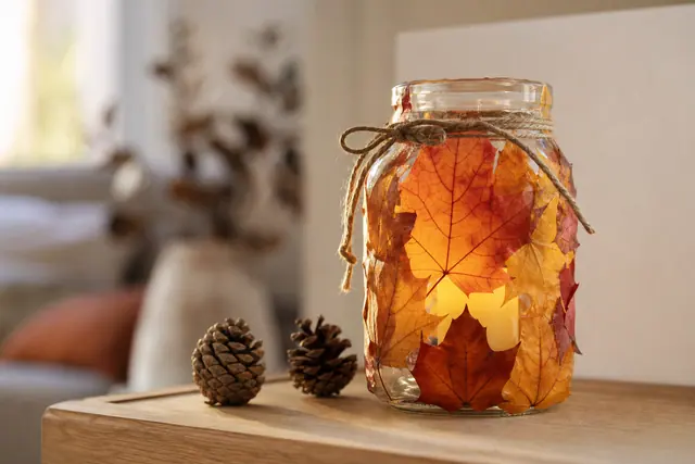 Lanterne en bocal décorée de feuilles sèches et éclairée par une bougie LED.