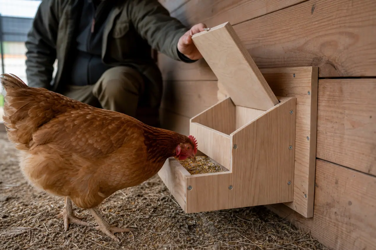 Mangeoire en bois à trémie installée dans un poulailler avec une poule rousse.