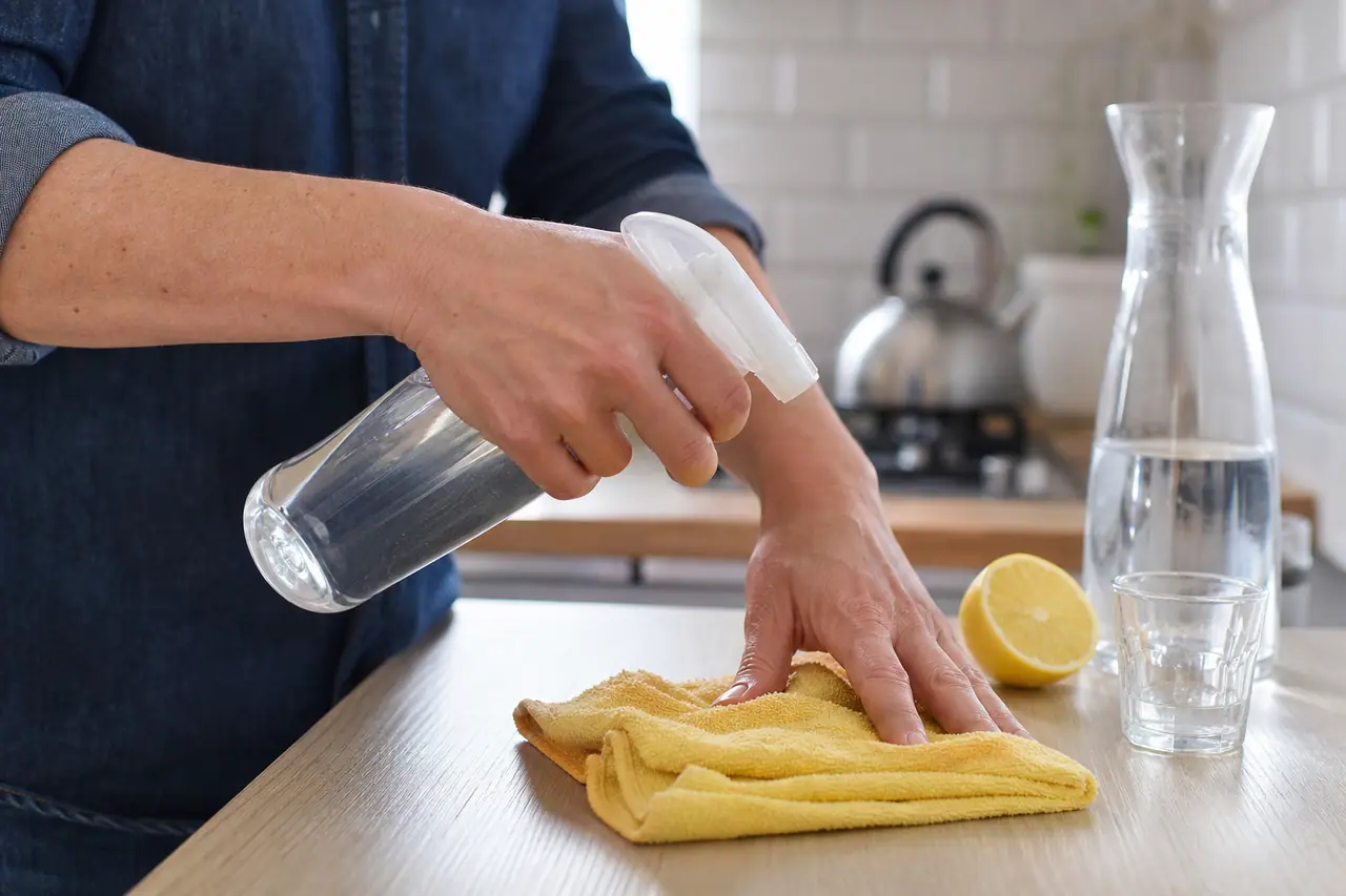 Préparation d’un spray nettoyant citronné sur chiffon microfibre dans une cuisine.