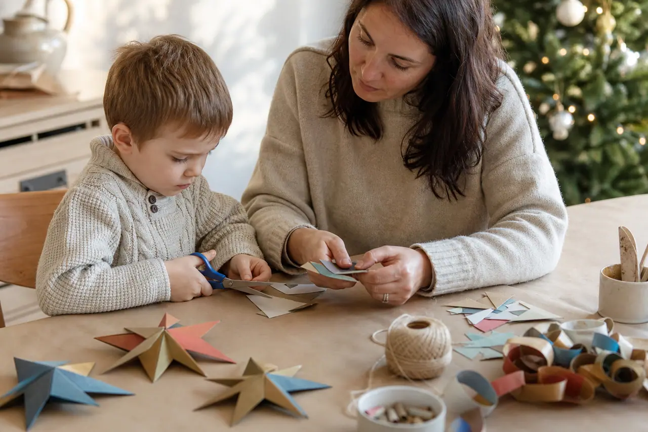 Enfant décorant des suspensions en carton sur une table protégée avec un adulte.