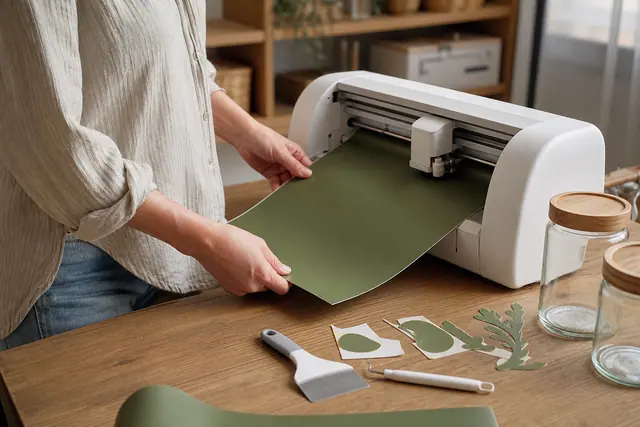 Machine de découpe compacte préparant des étiquettes en vinyle sur un plan de travail.