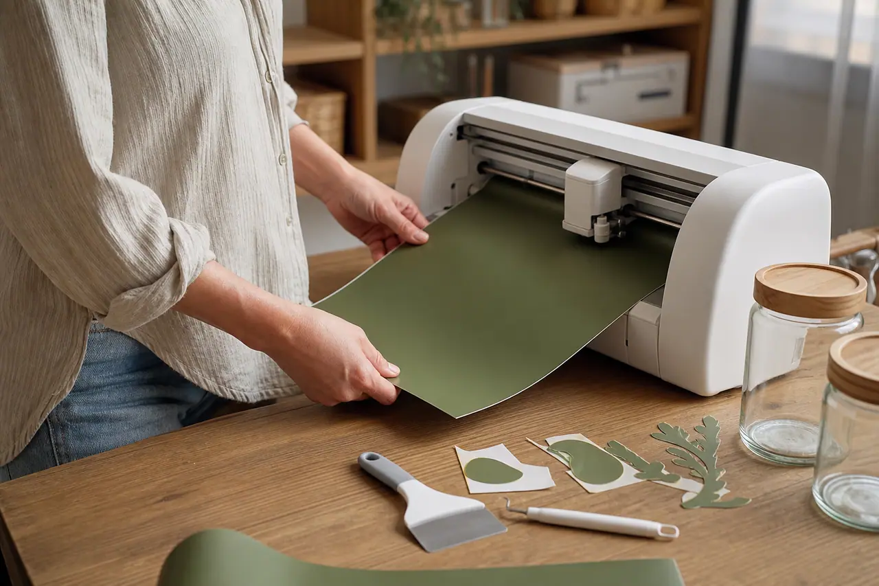 Machine de découpe compacte préparant des étiquettes en vinyle sur un plan de travail.