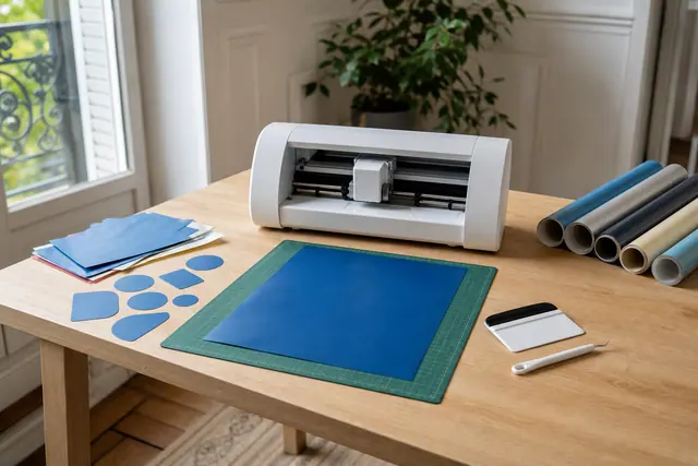 Machine de découpe compacte préparée pour réaliser des étiquettes en vinyle.