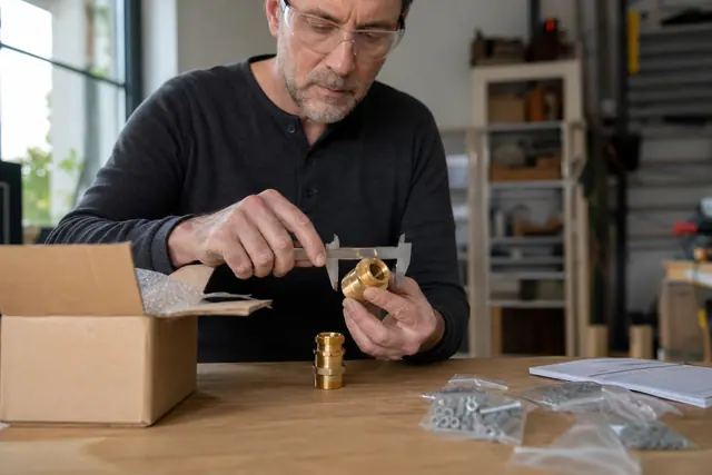 Particulier vérifiant le diamètre d’un raccord d’arrosage reçu dans un colis.