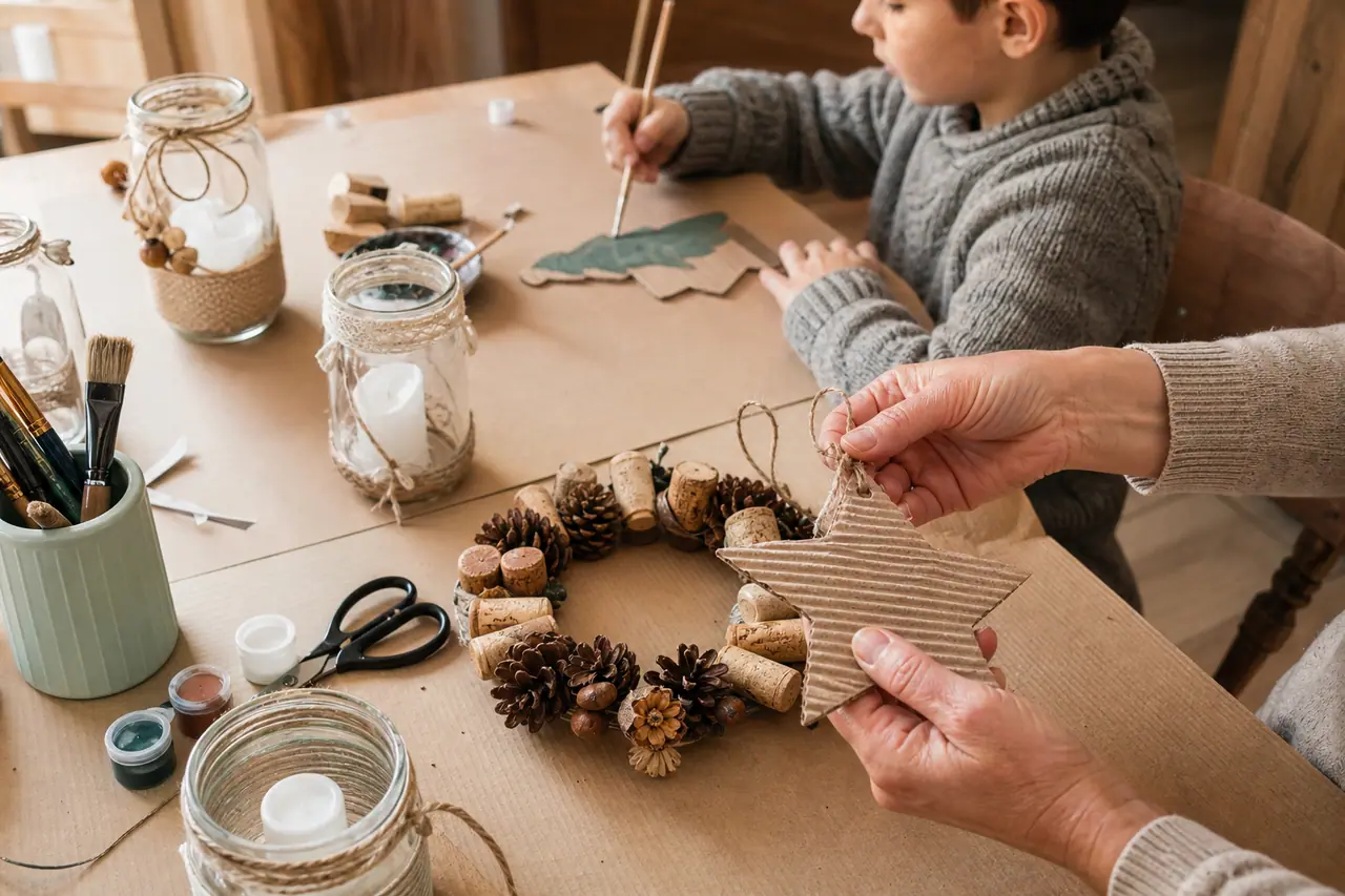 Couronne, bocaux et étoiles en carton fabriqués avec des matériaux récupérés.