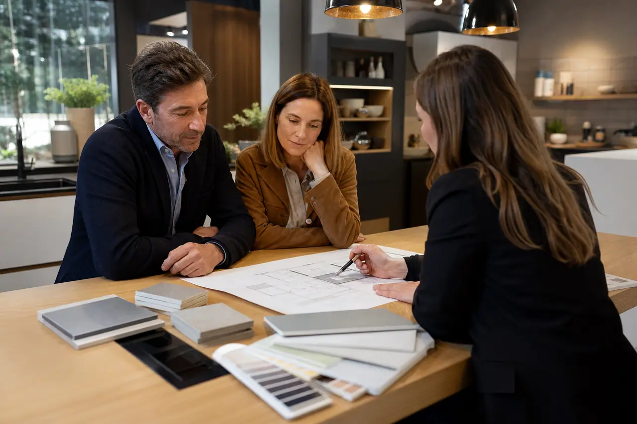 Couple préparant un projet de cuisine avec une conseillère en showroom.