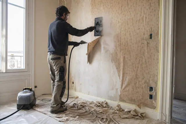 Décolleuse vapeur appliquée sur un vieux papier peint à motifs en cours de décollage