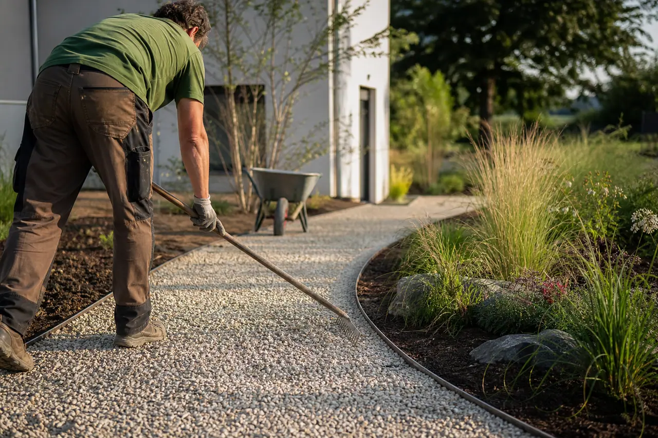 Personne ratissant une allée de gravier bordée de plantes au jardin.