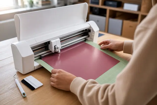 Machine de découpe compacte préparant un vinyle adhésif sur un bureau d’atelier.
