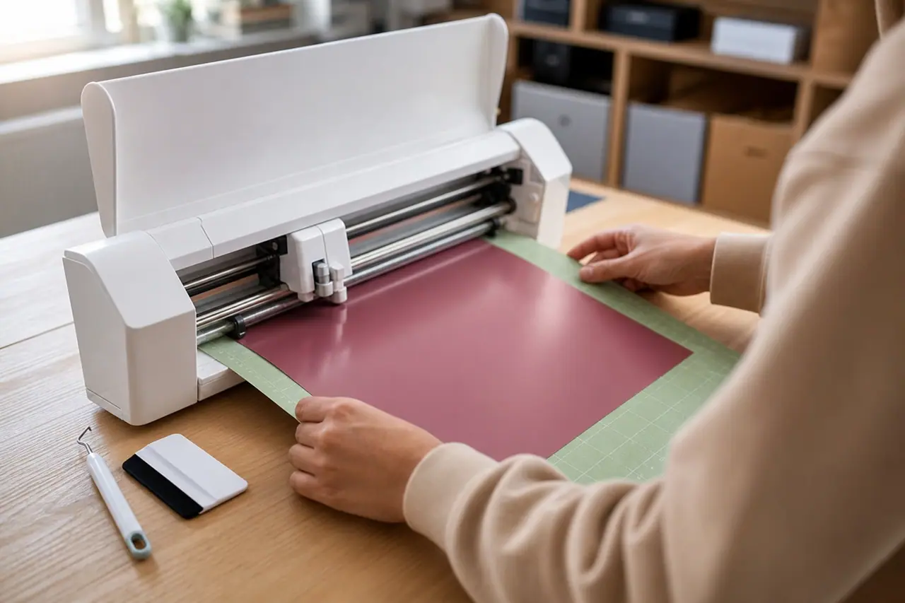 Machine de découpe compacte préparant un vinyle adhésif sur un bureau d’atelier.