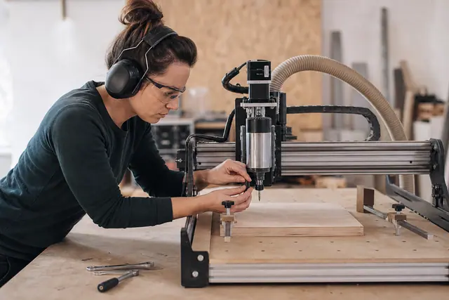 Réglage sécurisé d’une fraise sur une CNC d’établi dans un atelier.