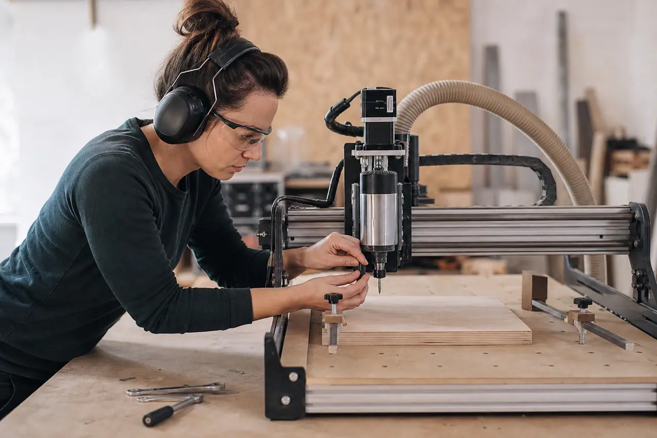 Réglage sécurisé d’une fraise sur une CNC d’établi dans un atelier.