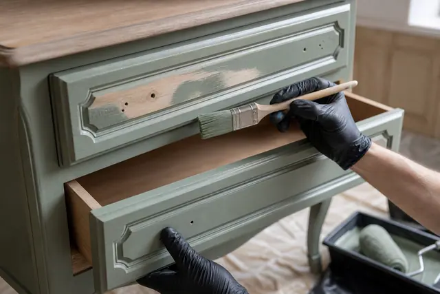 Application au pinceau de peinture mate sur une commode en bois moulurée.