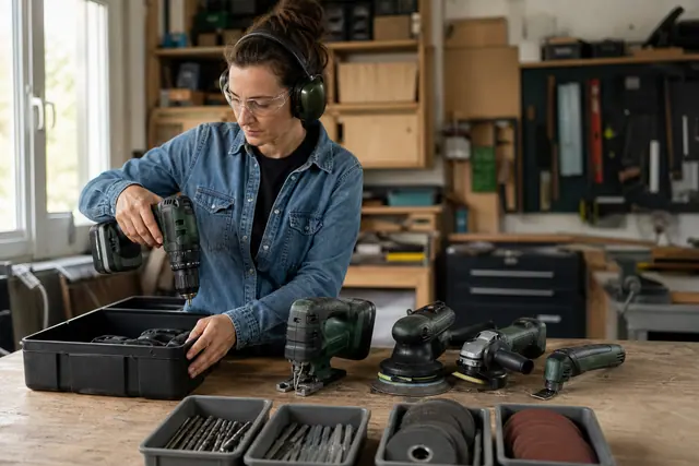 Bricoleuse équipée range cinq outils électroportatifs sur un établi d’atelier.