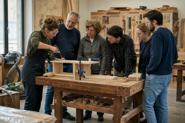 Participants équipés construisant une petite étagère dans un atelier partagé encadré.