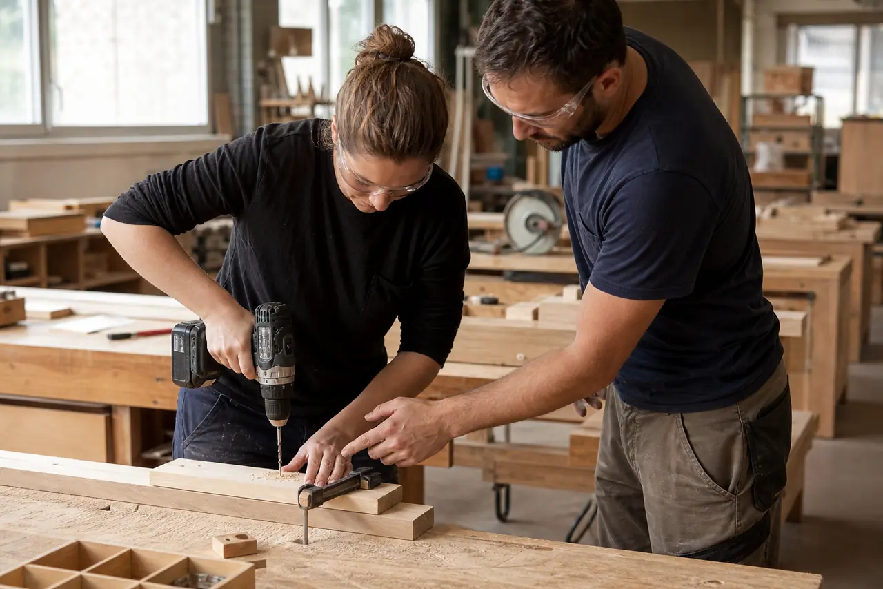 Débutante équipée apprenant à percer une planche serrée sur un établi.