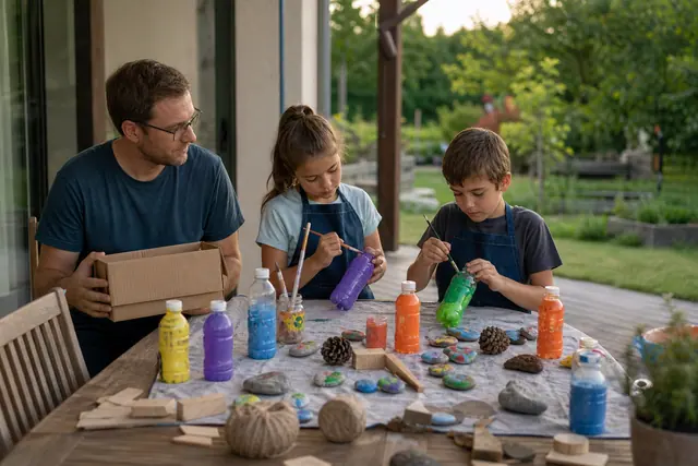 Enfants décorant des quilles recyclées sur une table de jardin ombragée.