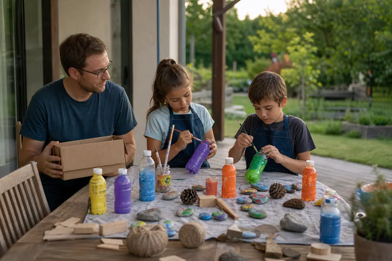 Enfants décorant des quilles recyclées sur une table de jardin ombragée.