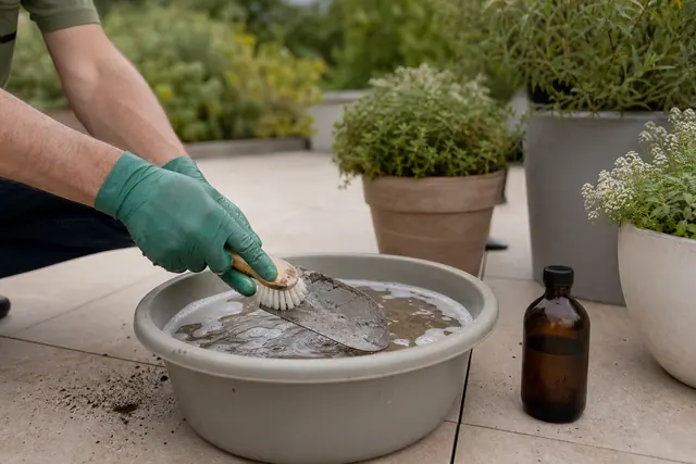 Savon noir dilué, brosse et outils de jardin sur une terrasse extérieure.
