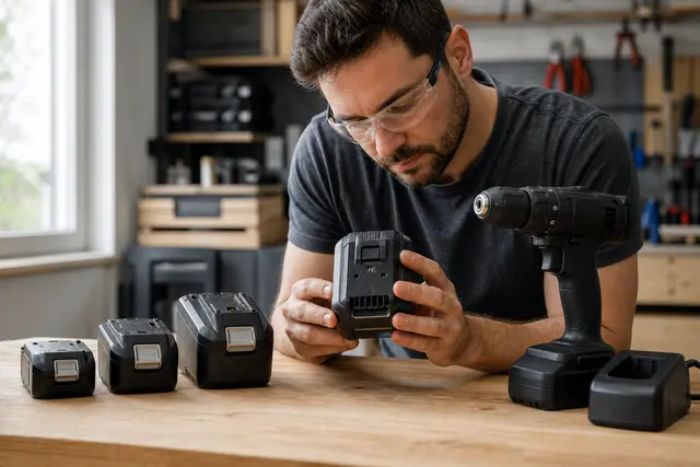 Trois batteries d’outils sans fil posées sur un établi d’atelier.