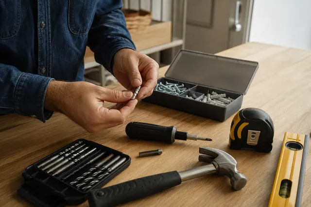 Kit de bricolage débutant avec tournevis, mètre, marteau, forets et chevilles.