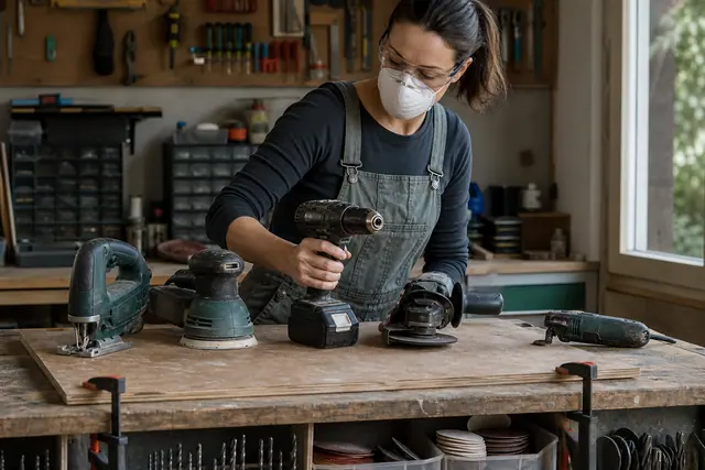 Cinq outils électroportatifs rangés sur un établi de bricolage avec équipements de protection.