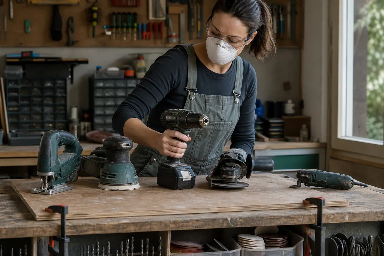Cinq outils électroportatifs rangés sur un établi de bricolage avec équipements de protection.