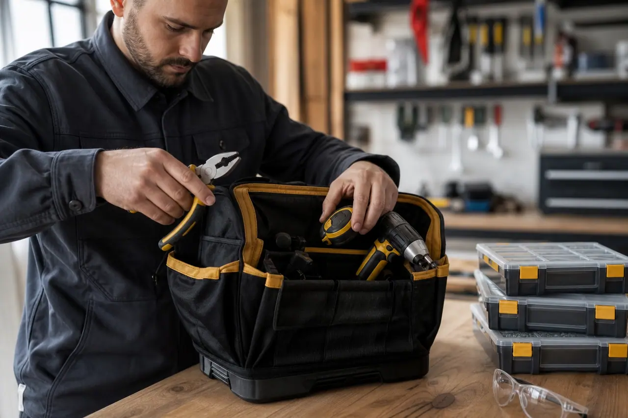 Sac à outils ouvert et organisé sur un établi de garage.
