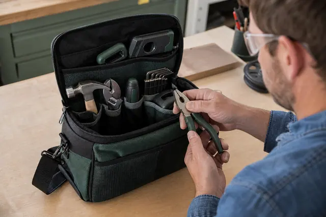 Sac à outils compact ouvert avec pinces, marteau et embouts rangés.