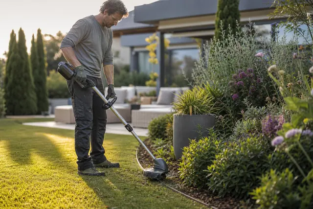Jardinier équipé utilisant un coupe-bordures sur batterie près d’un massif fleuri.