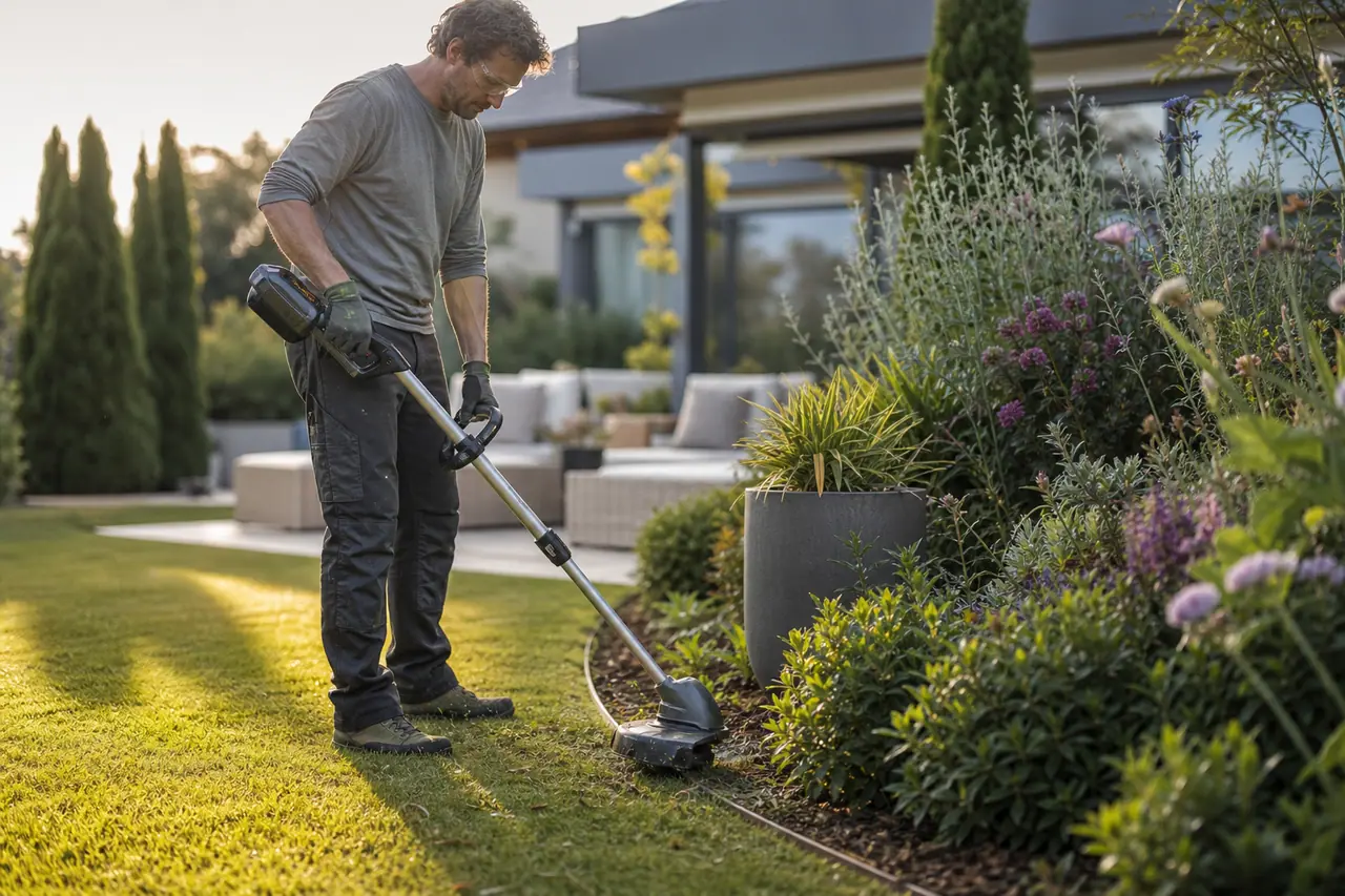 Jardinier équipé utilisant un coupe-bordures sur batterie près d’un massif fleuri.
